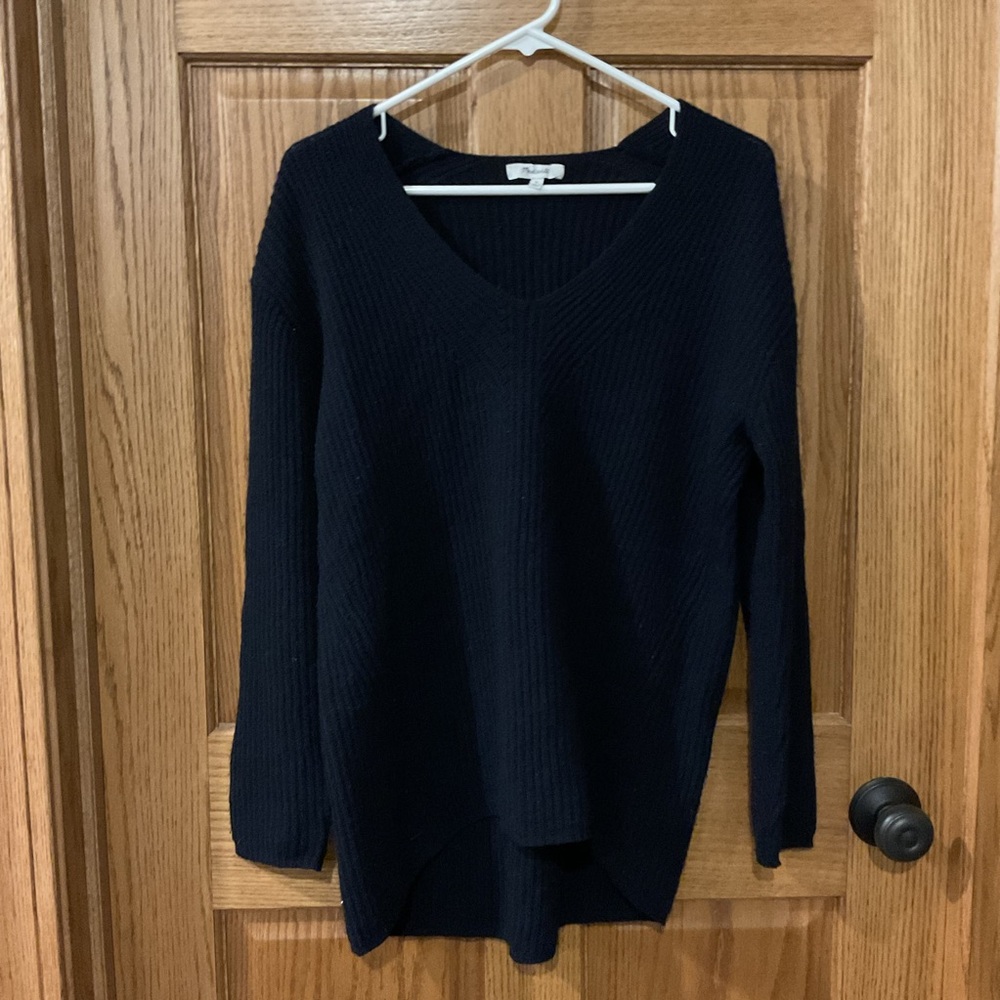 Madewell Black Ribbed V-Neck Tunic Sweater S Cozy Minimalist Chic